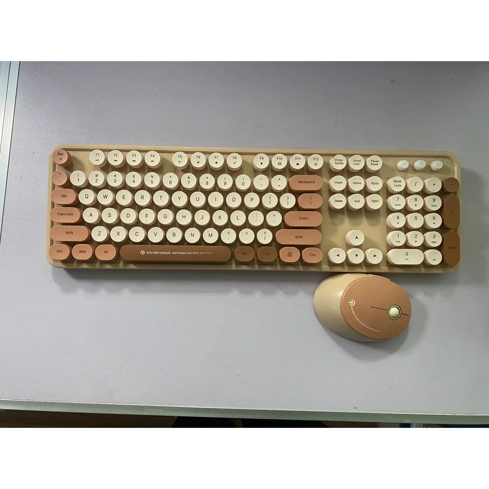 RF104‎ Wireless Keyboard Mouse Combo Beige Retro Round Keys USB Receiver